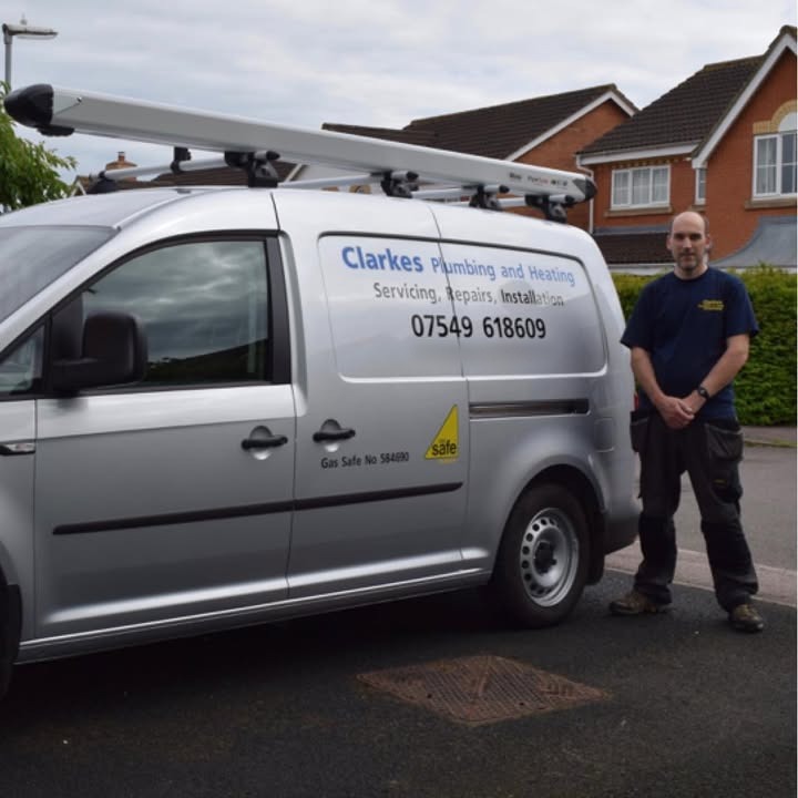 The Clarkes Plumbing and Heating van, signwritten with Servicing, Repairs, Installation and the phone number